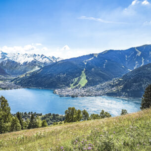 Panorama auf den Zeller See mit bunter Blumenwiese und verschneitem Bergen und dem Kitzsteinhorn